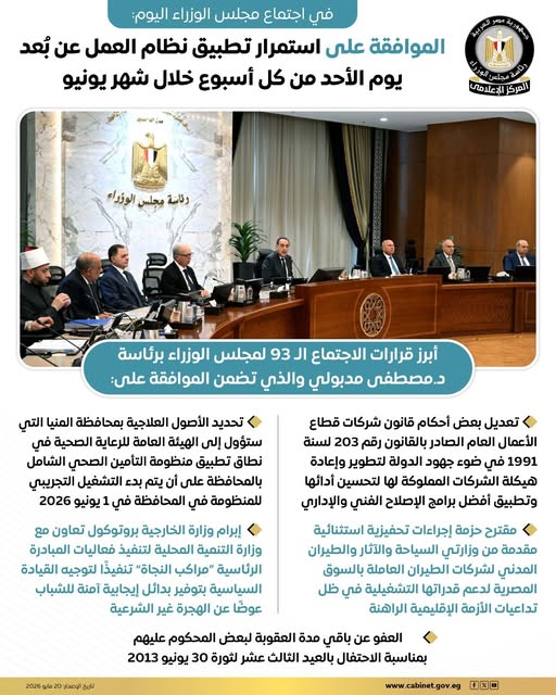 الموافقة على استمرار تطبيق نظام العمل عن بُعد يوم الأحد من كل أسبوع خلال شهر يونيو