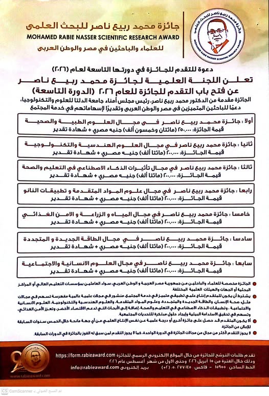 دعوه للتقدم لجائزة محمد ربيع ناصر للبحث العلمي 