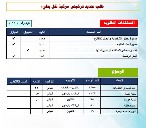 طلب تجديد ترخيص مركبة نقل بطئ